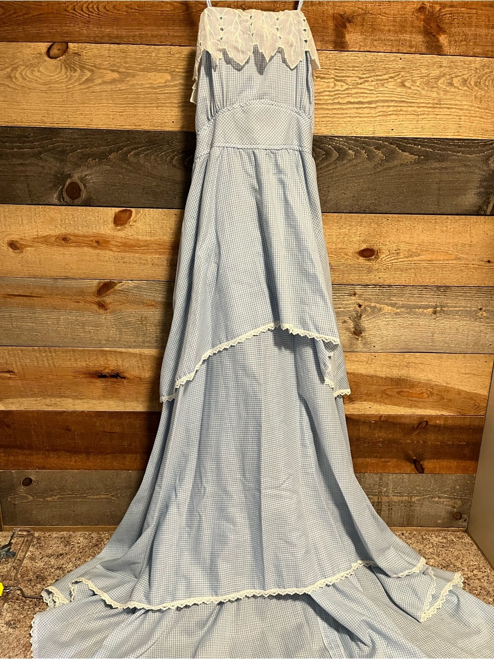 Vintage Just Tops California  Light Blue Gingham Lace-Trim High/Low Dress Size 9
